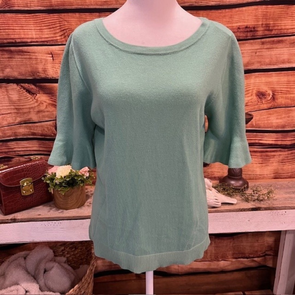 JOSEPH A WOMENS AQUA SWEATER -3/4 RUFFLED SLEEVE SIZE M - Picture 1 of 9